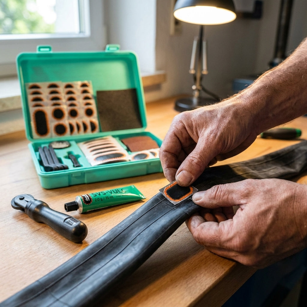 Rema Tip Top TT15 Big Box Fahrrad-Reparaturset: Hände flicken einen Fahrradschlauch mit Flickzeug und Kleber.