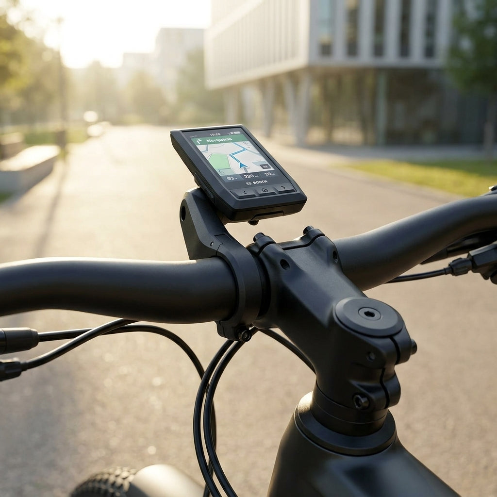 Bosch BDS3620 1-Arm-Halter 31,8 mm am E-Bike Lenker mit Navigations-Display auf sonniger Straße.