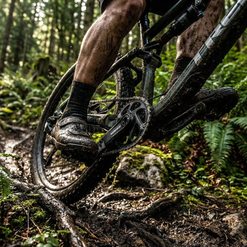 Robuste SRAM NX Eagle DUB FAT Kurbelgarnitur am MTB auf schlammigem Trail in Aktion.