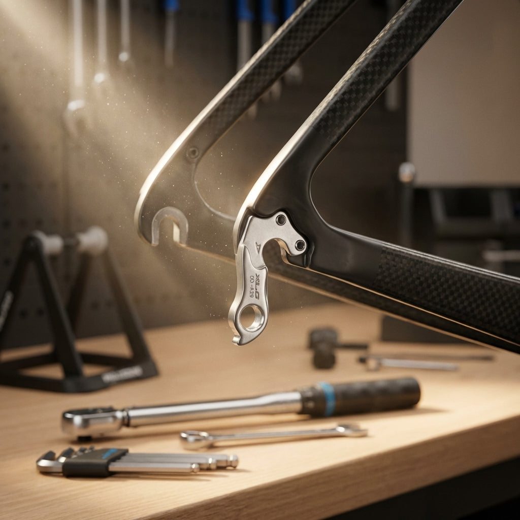 Silbernes XLC Schaltauge DO-A29 aus Aluminium für MTB und Rennräder drei Löcher für präzise Montage.