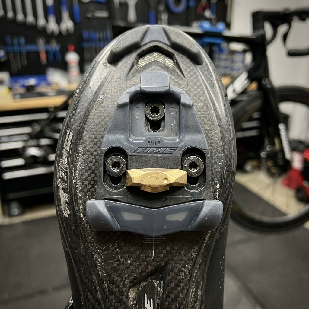 TIME RXS Pedalplatten montiert an einer Carbon-Radschuhsohle, Detailansicht von unten.