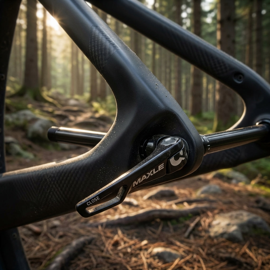 RockShox Steckachse Maxle Ultimate 148 mm an Carbon-Fahrrad im sonnigen Wald.