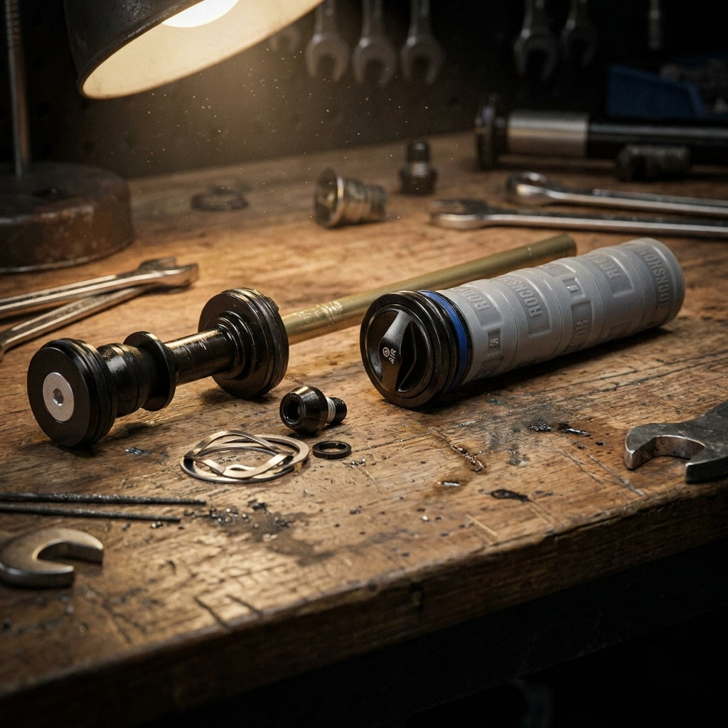 RockShox Pike/Yari Luftfedereinheit DA100 B1 (2018+) Einzelteile auf Werkbank.