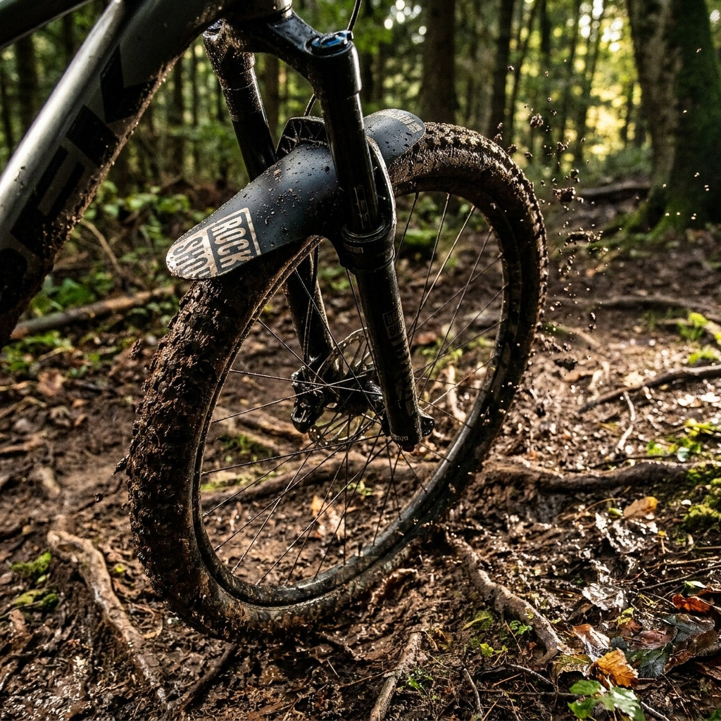 Rockshox Fender MTB universal vorne am schlammigen Mountainbike-Reifen, Schmutz spritzt.