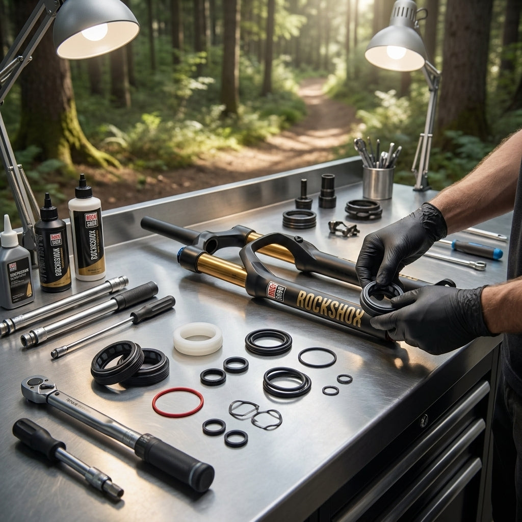 Federgabel Service-Kit RockShox 35 Gold RL A1 (2020+) bei Wartung mit Werkzeug auf Werkbank im Wald.