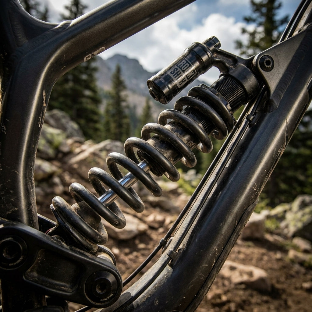 Rockshox Feder grau 350LB 267x89 für HR Dämpfer Vivid/Kage an Mountainbike-Federung auf felsigem Trail.