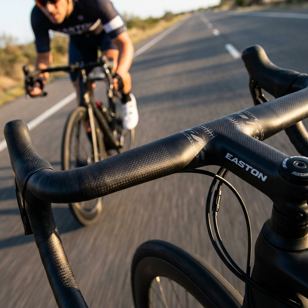 Easton EC70 SL Di2 Carbon-Rennradlenker auf Straße montiert, leichter Lenker für präzise Kontrolle beim Radfahren.