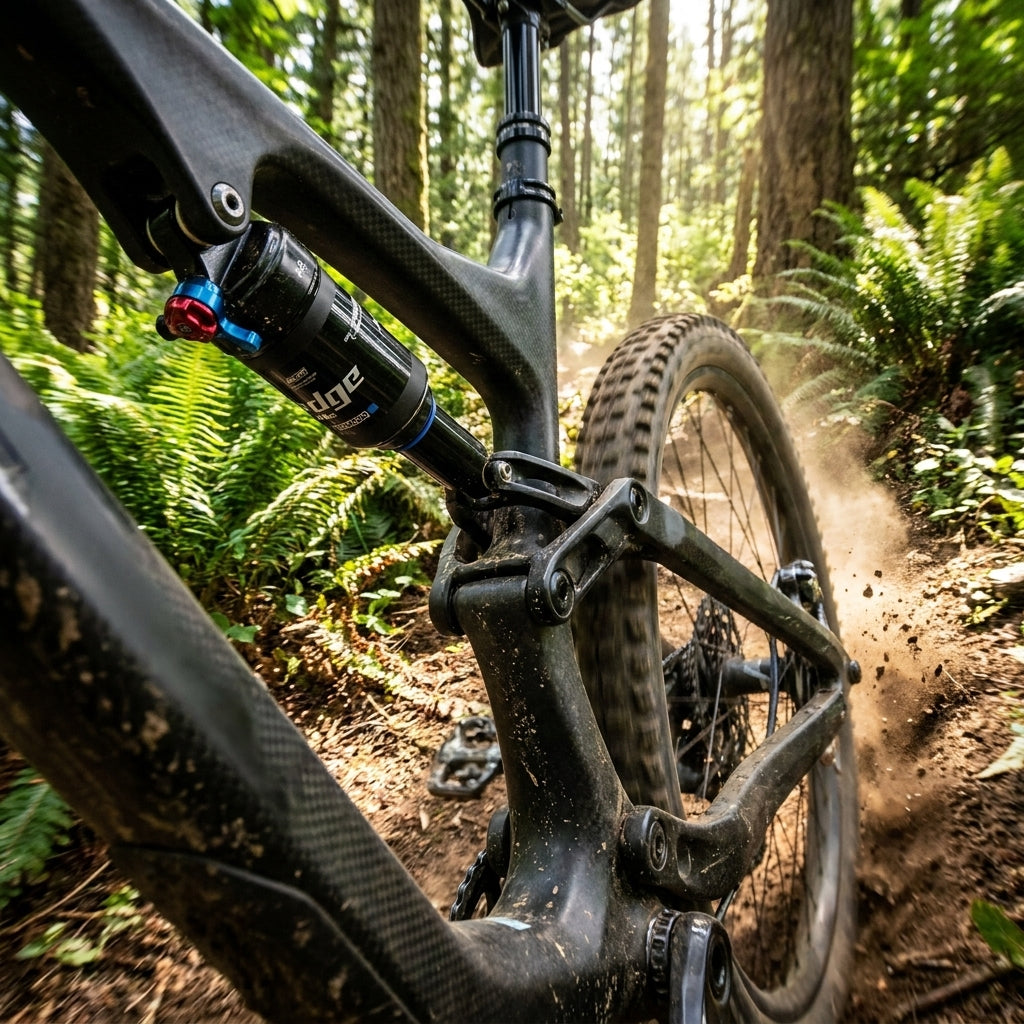 SR Suntour EDGE Plus Dämpfer am Mountainbike auf staubigem Waldtrail.