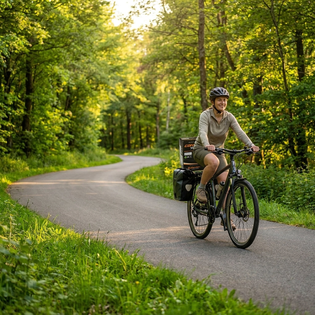 Glückliche Radfahrerin auf gewundenem Waldweg, ihr Fahrrad mit Continental Conti Schlauch (24 Zoll).