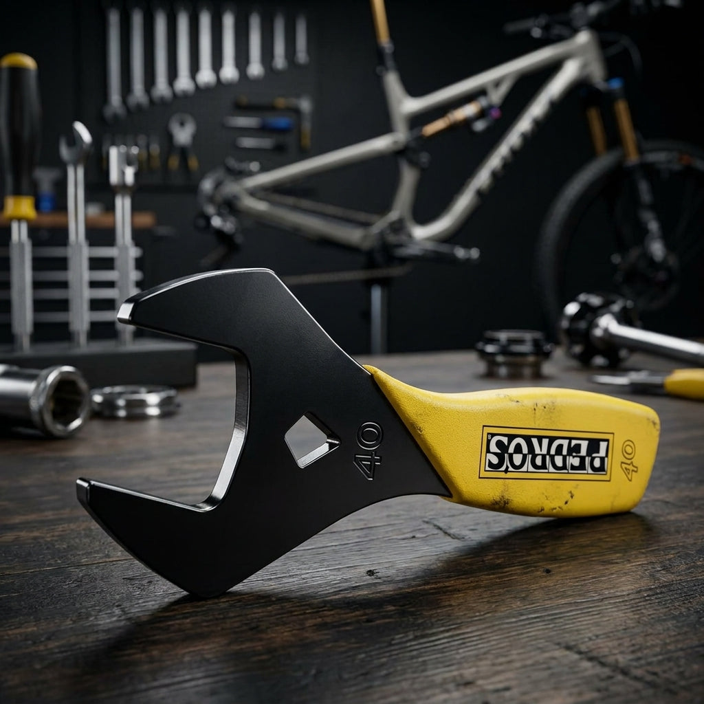 Pedros Steuersatzschlüssel 40mm auf Holztisch in Fahrradwerkstatt mit Werkzeugen und Fahrradrahmen im Hintergrund.