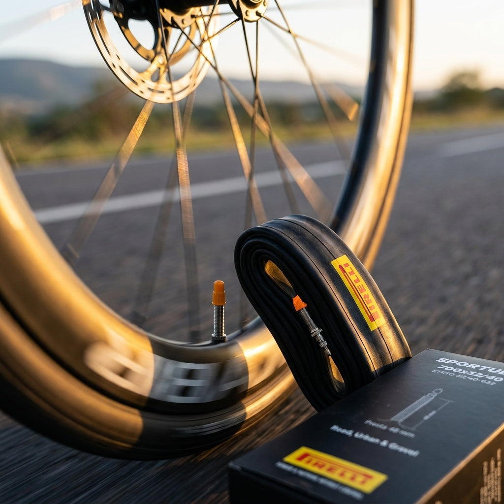 Pirelli SPORTUBE Rennradschlauch schwarz 28 Zoll SV 48 mm auf Straße neben Fahrradrad.