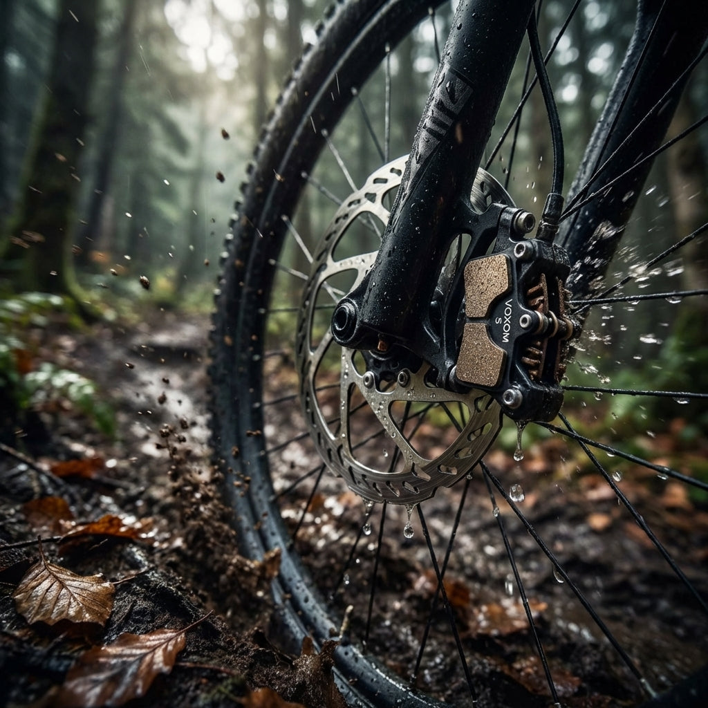 Voxom Scheibenbremsbeläge BSC1S Shimano Deore XT am Mountainbike auf schlammigem Trail.
