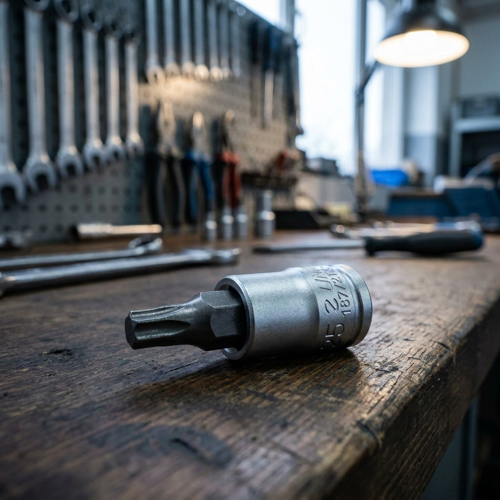 Unior Schraubendrehereinsatz 1/4" TX-Profil 25 187/2TX liegt auf einer Holzwerkbank in einer Werkstatt.