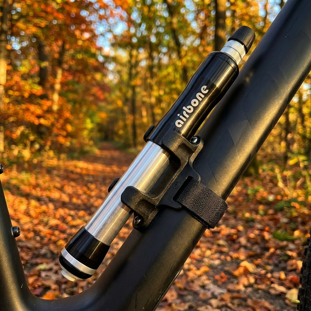Airbone Minipumpe ZT-509 schwarz mit Halter am Fahrradrahmen im herbstlichen Wald.