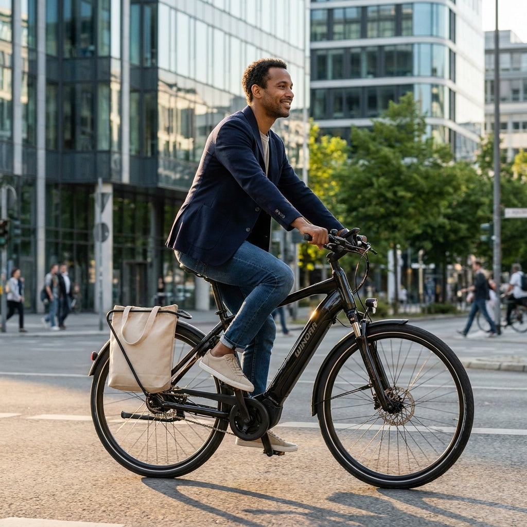 Mann fährt Winora E-Bike mit eFLITZER Gepäckträger und beiger Tasche in der Stadt.