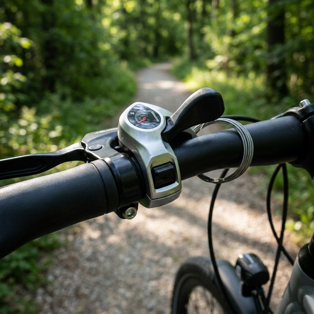 SHIMANO TOURNEY SL-TX50 3-fach Daumenschalthebel am Fahrradlenker auf einem Waldweg.