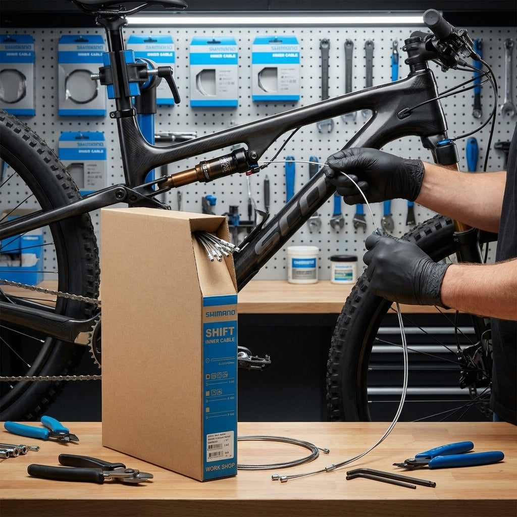Shimano MTB Edelstahl Bremszüge in Großpackung für Werkstätten, Mechaniker montiert Kabel am Fahrrad.