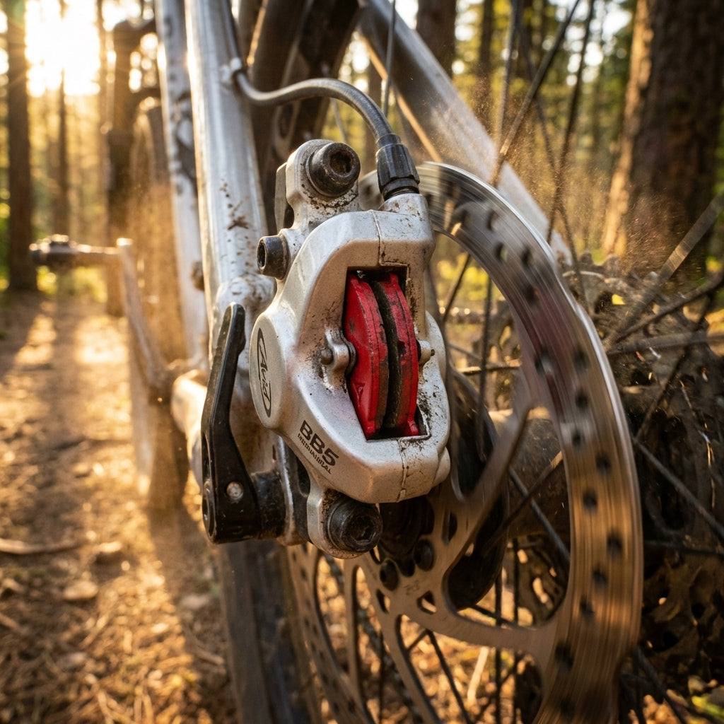Avid BB5 Scheibenbremsbeläge (organisch, rot) am Mountainbike in Aktion auf schlammigem Waldweg.