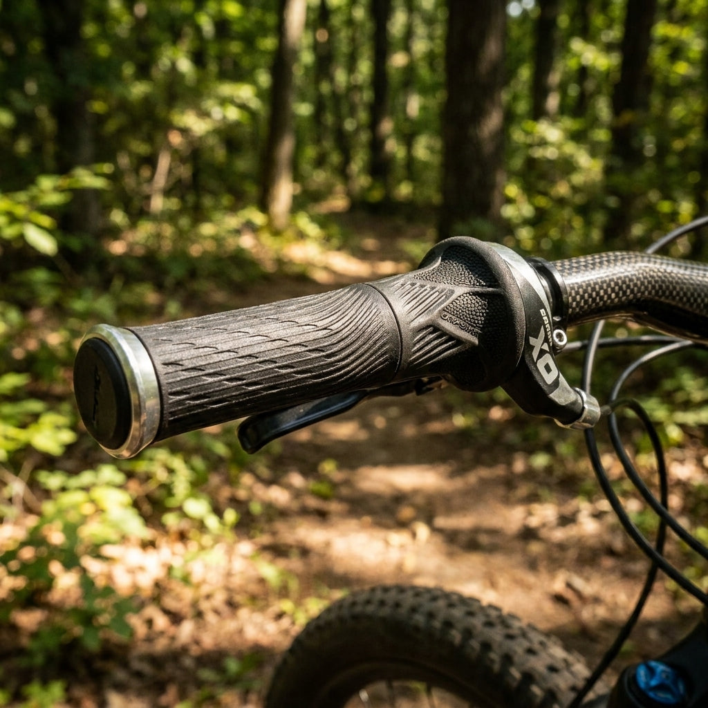 SRAM Lockring GripShift Griffe in Schwarz am Mountainbike-Lenker mit SRAM X0 Schalthebel auf Trail.