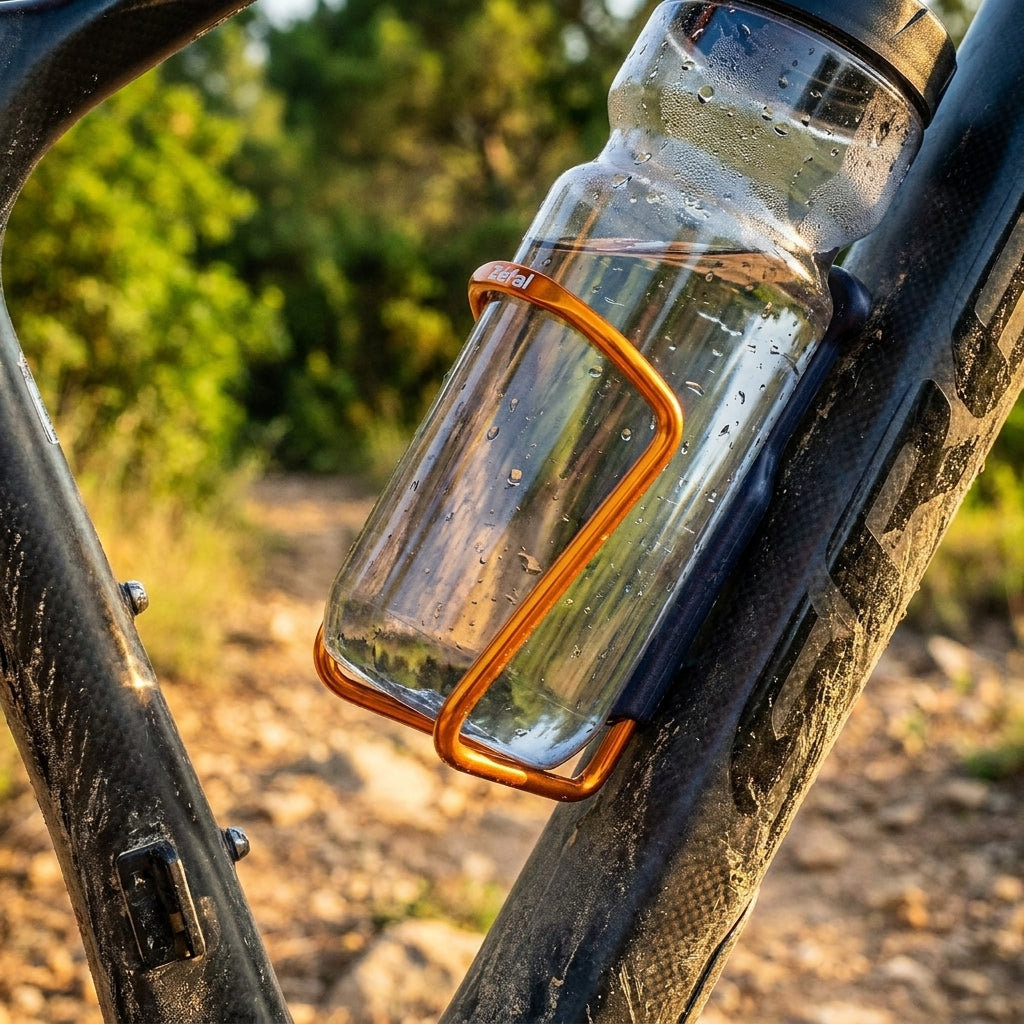 Zefal oranger Trinkflaschenhalter am schmutzigen Carbon-Fahrradrahmen mit beschlagener Wasserflasche auf einem Feldweg.