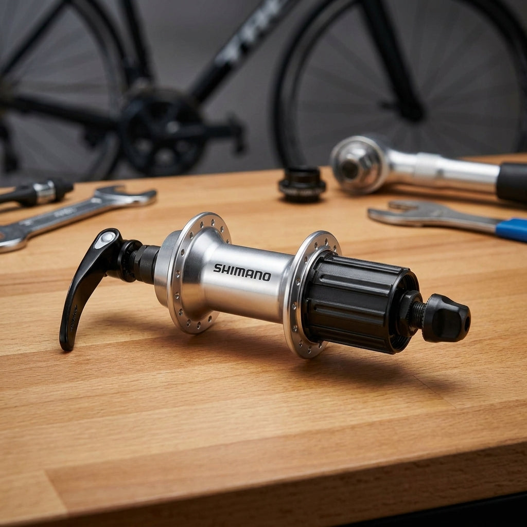 Silberne SHIMANO FH-RS400 Hinterradnabe mit 36 Loch und Schnellspanner auf Holztisch mit Werkzeug und Fahrrad.