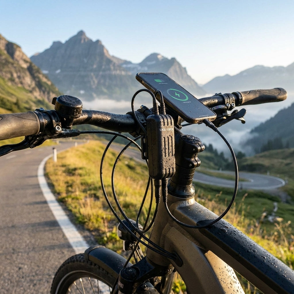 Busch + Müller USB-Werk AC Ladegerät für Nabendynamo am Fahrrad lädt Smartphone auf nasser Bergstraße.