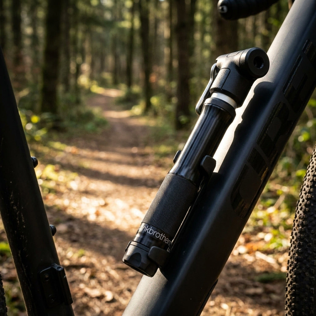 Crankbrothers Sterling S Handpumpe Midnight Edition schwarz mit Rahmenhalter am Fahrrad im Wald.