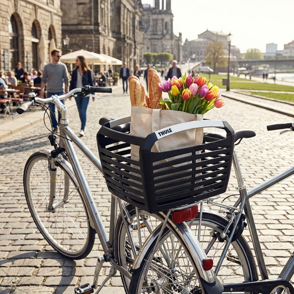 Thule Fahrradkorb Packn Pedal schwarz auf Fahrradheck mit frischen Baguettes und bunten Tulpen in der Stadt.