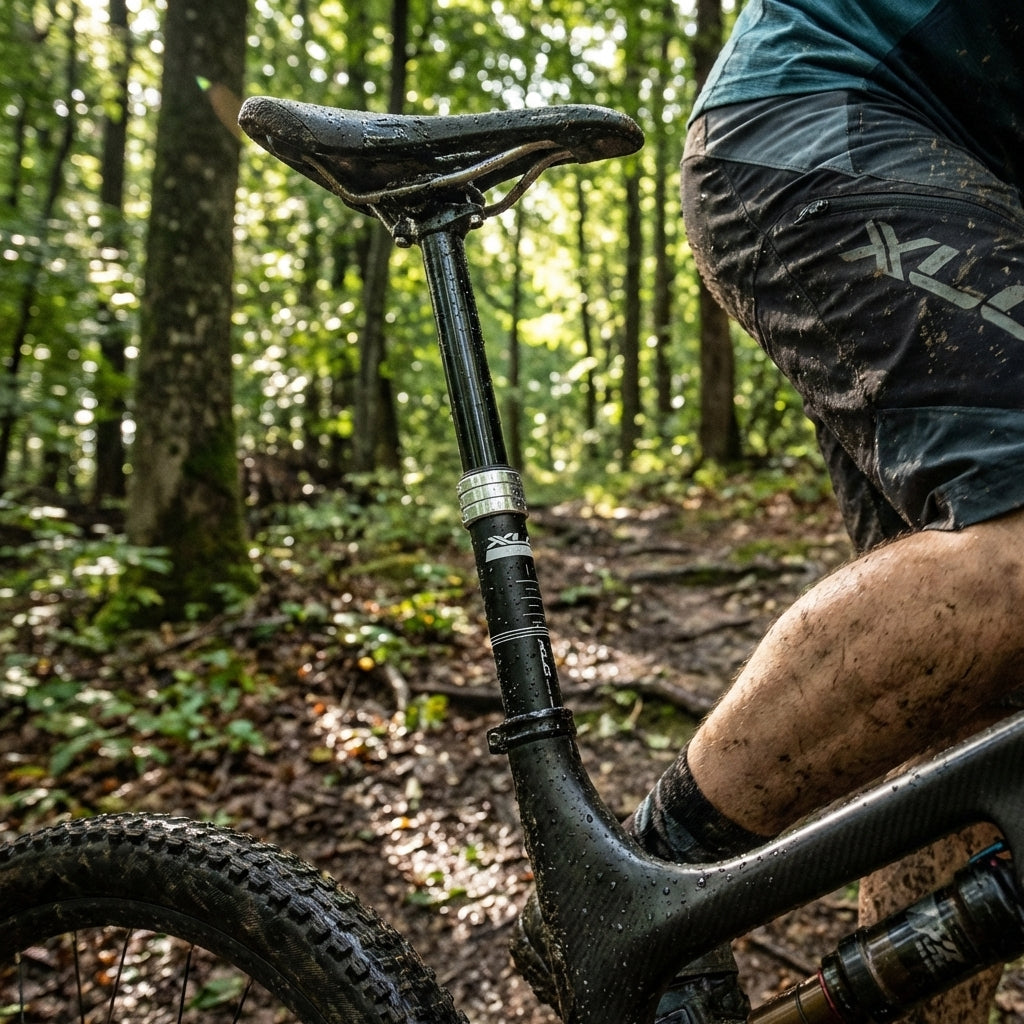 XLC Teleskopsattelstütze SP-T09 schwarz an einem schlammigen Mountainbike im Wald, mit Fahrer.