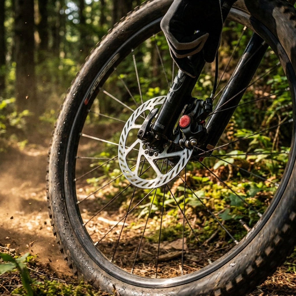 Avid BB5 MTB mechanische Scheibenbremse am Vorderrad eines Mountainbikes auf einem staubigen Trail.