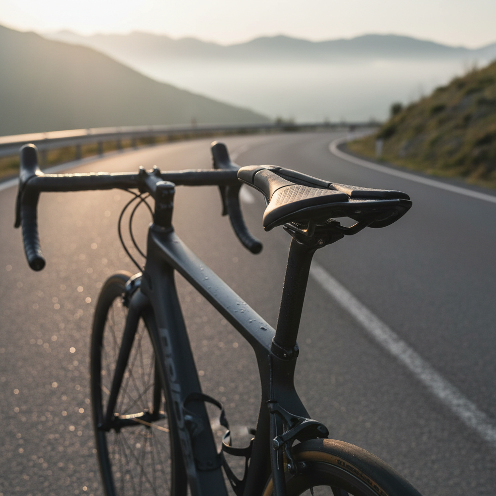 Ergonomischer Prologo Scratch M5 PAS 140 mm Performance-Sattel schwarz auf Rennrad im Sonnenlicht.