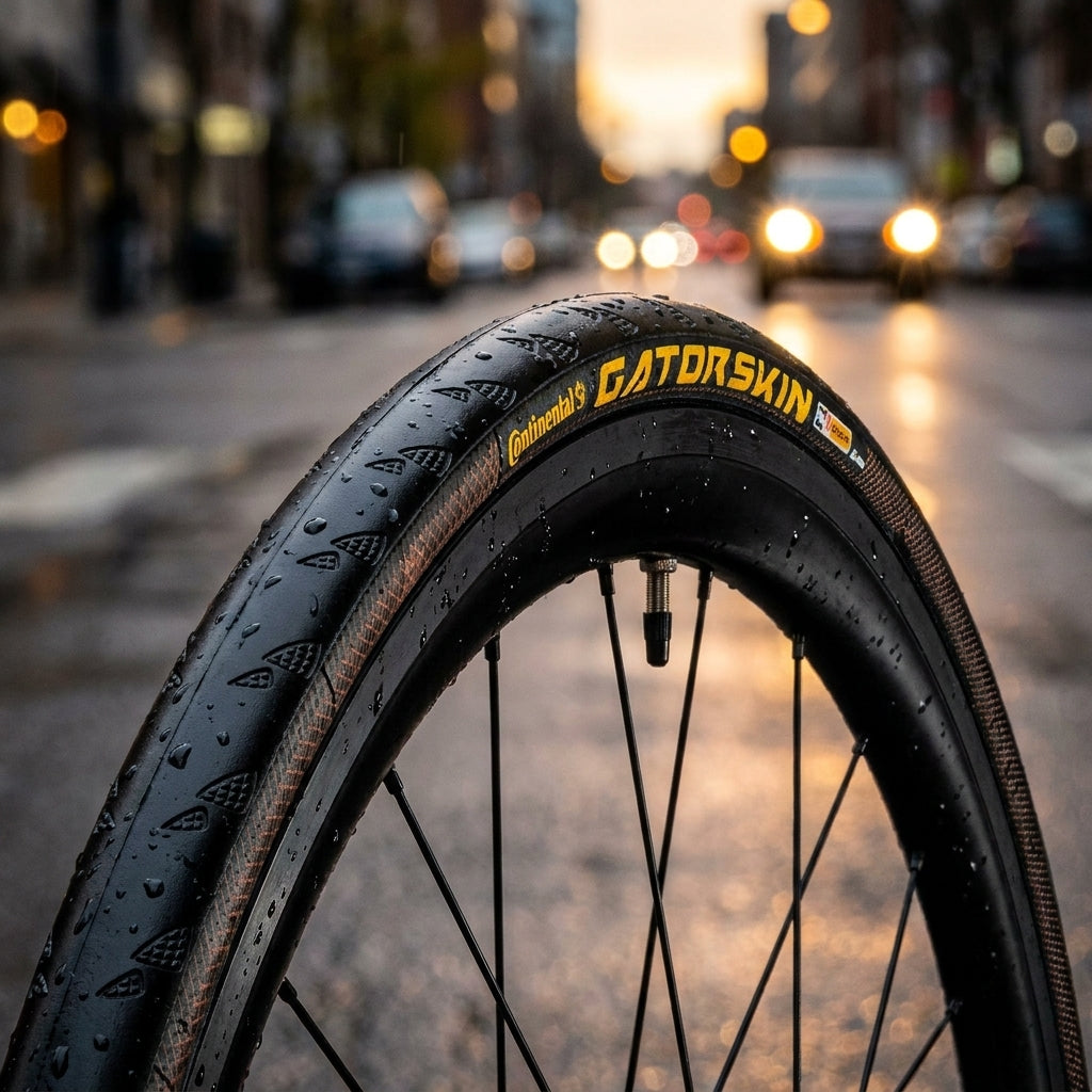 Continental Gatorskin 28x0.90" 23-622 schwarz faltbar Fahrradreifen, nass auf Stadtstraße bei Dämmerung.