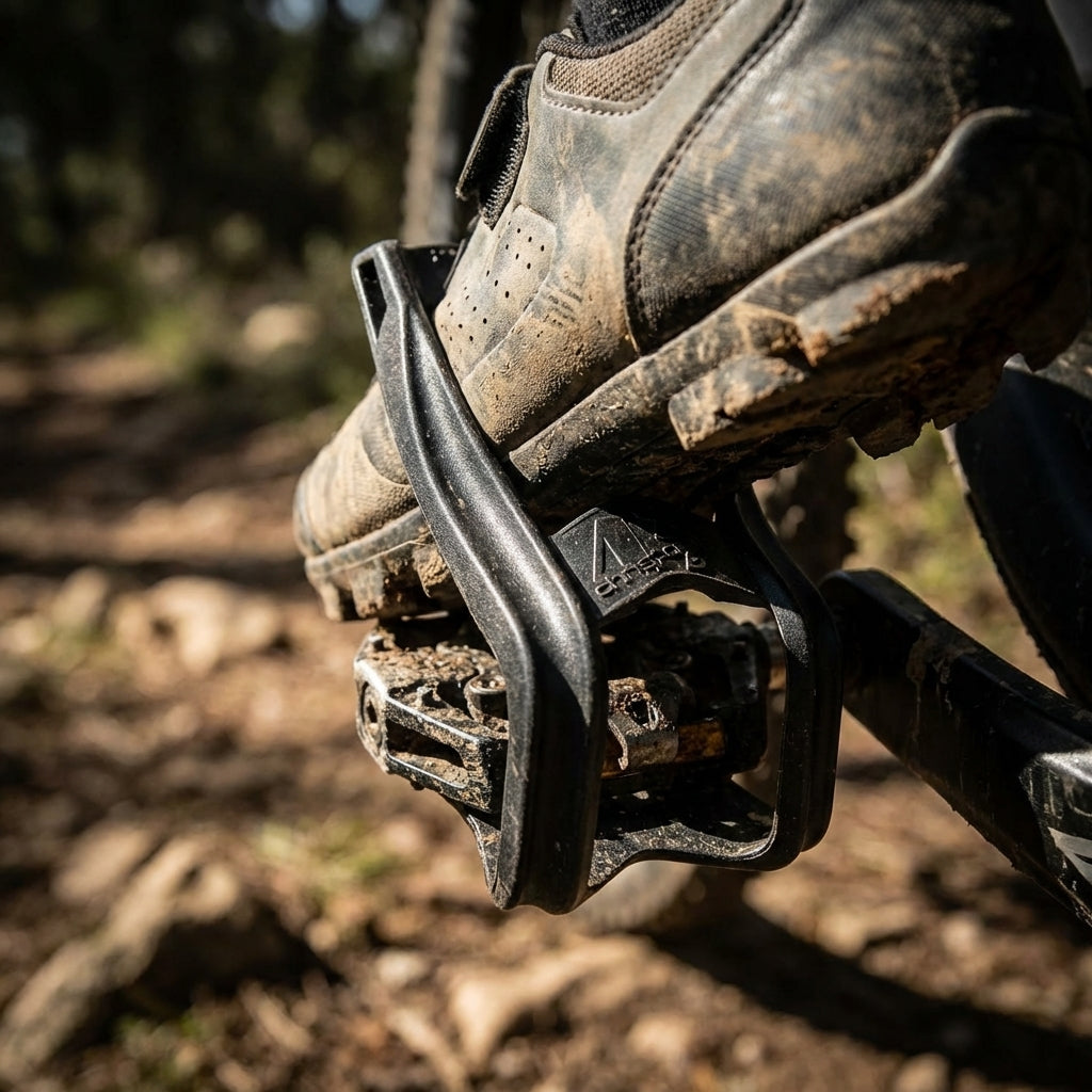 Zefal Christophe 43 L Pedalhaken an schlammigem Mountainbike-Schuh auf Fahrradpedal im Gelände.