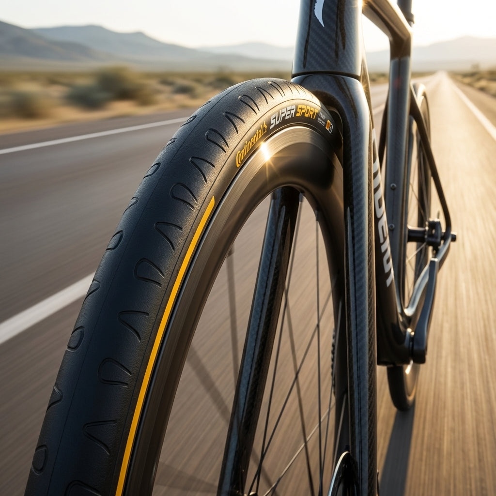Continental Super Sport Plus Fahrradreifen 28x0.90" 23-622 schwarz faltbar am Vorderrad auf Straße.