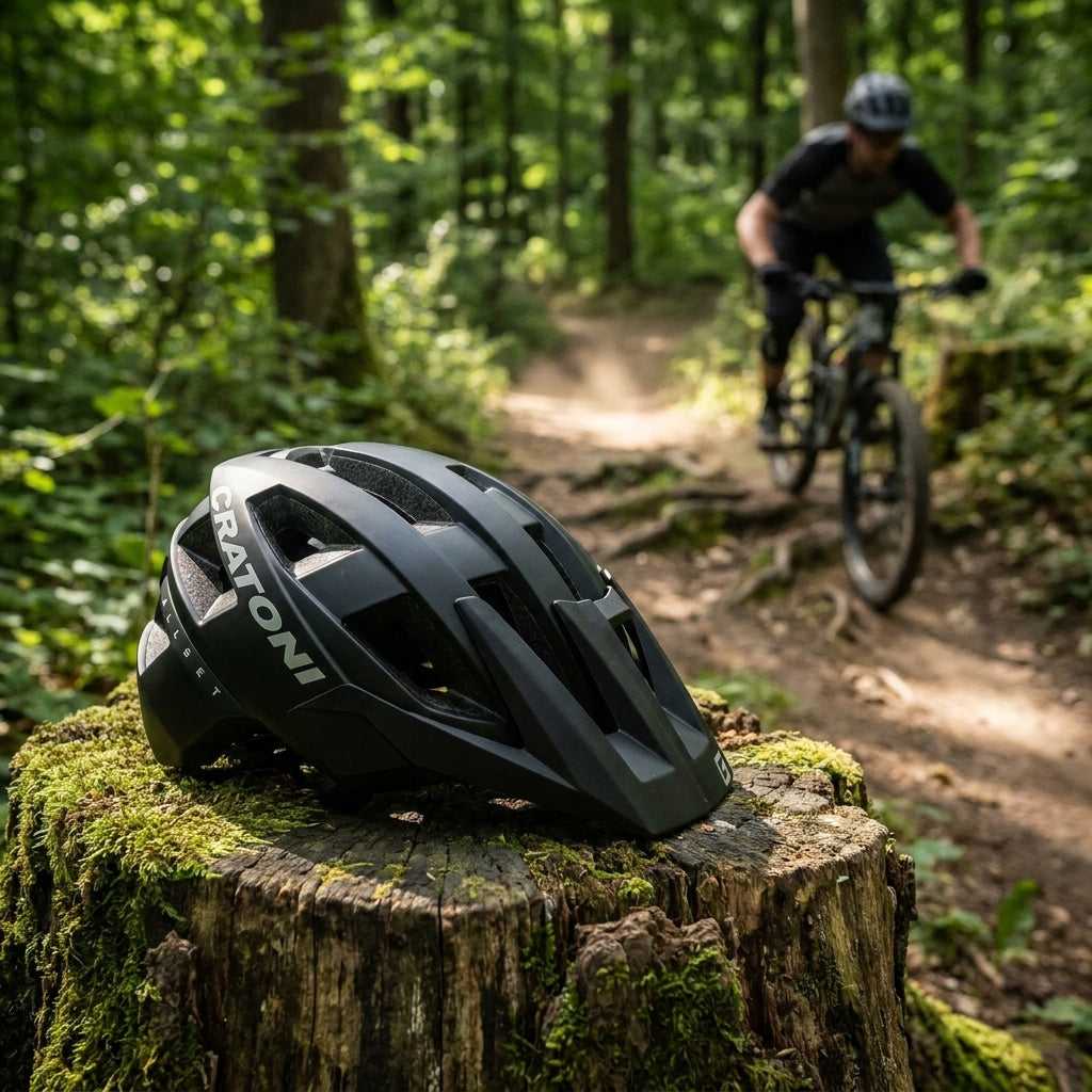 Cratoni Helm AllSet MTB schwarz matt auf Moos-Baumstumpf im Wald mit Mountainbiker auf Trail.