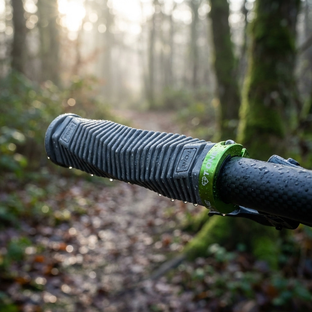 T-One DNA Griffe grau grün mit Schraubensicherung am Fahrradlenker im Wald, Nahaufnahme mit Wassertropfen.