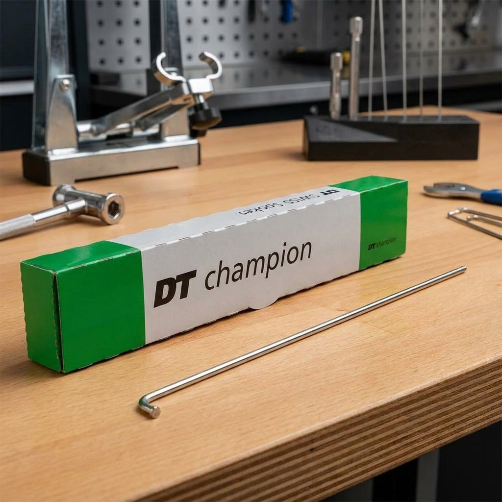 Robuste DT Swiss Champion 2.0 J-Bend Radspeiche, silber, 262 mm, auf Werkbank.