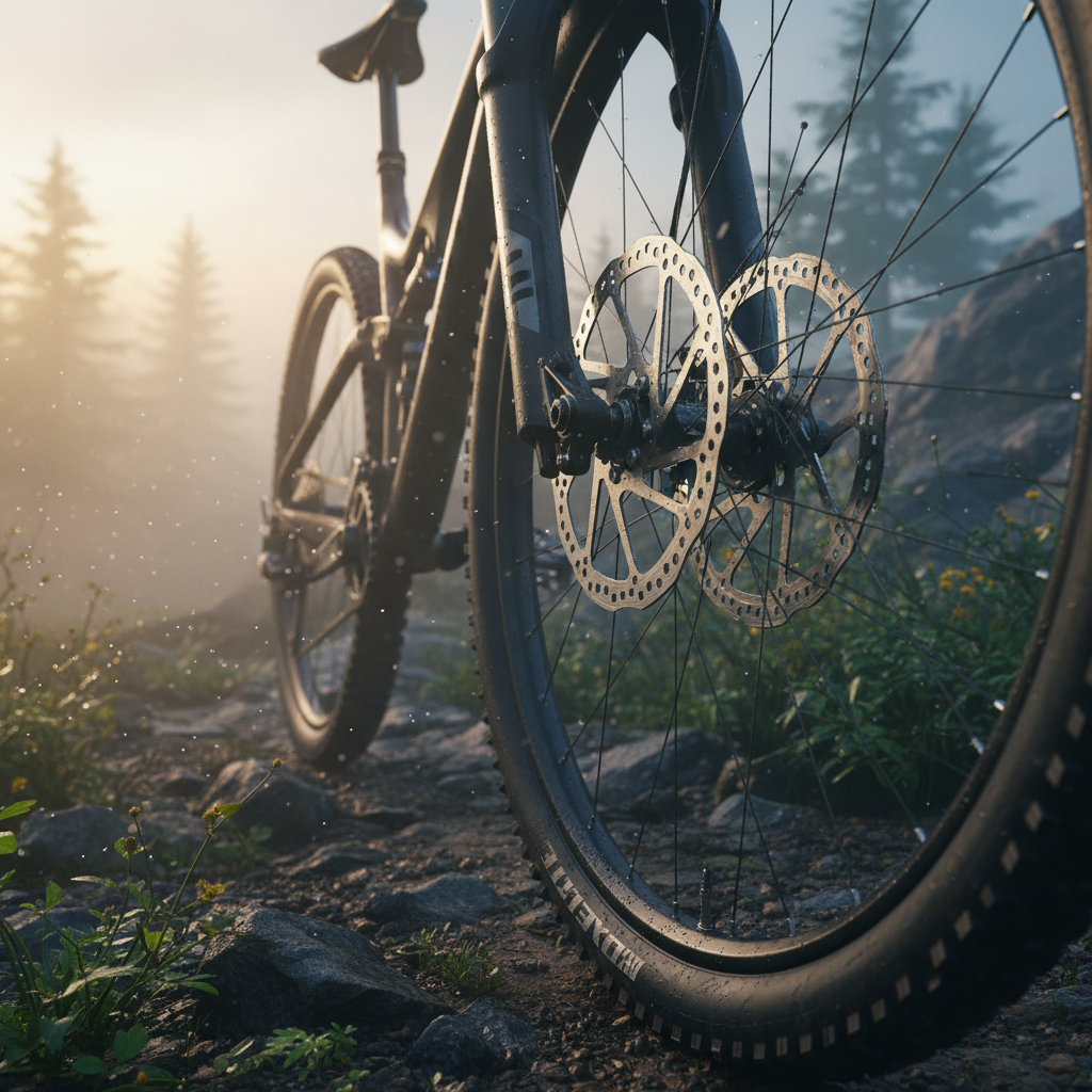 Mountainbike SHIMANO Scheibenbremse mit K04TI-MX Sinter Titanträger auf feuchtem Trail im Morgenlicht.