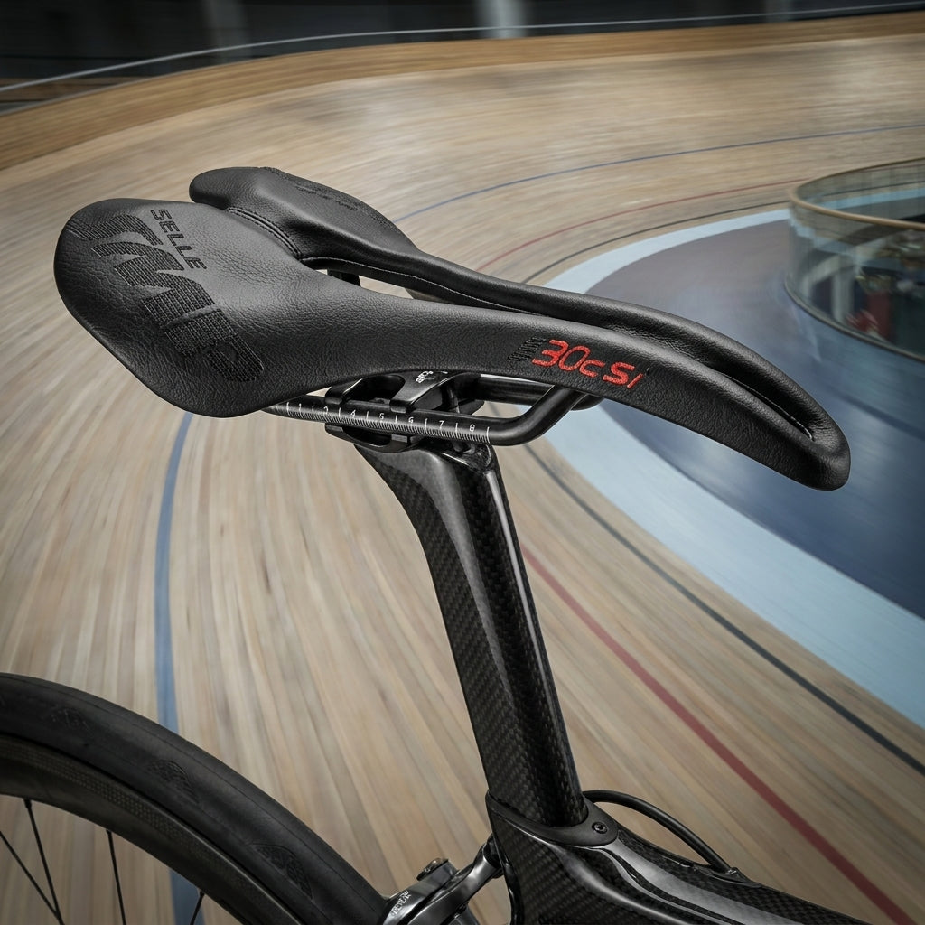 Selle SMP F30C SI Fahrradsattel schwarz auf Carbon-Rennradsattelstütze im Velodrom.