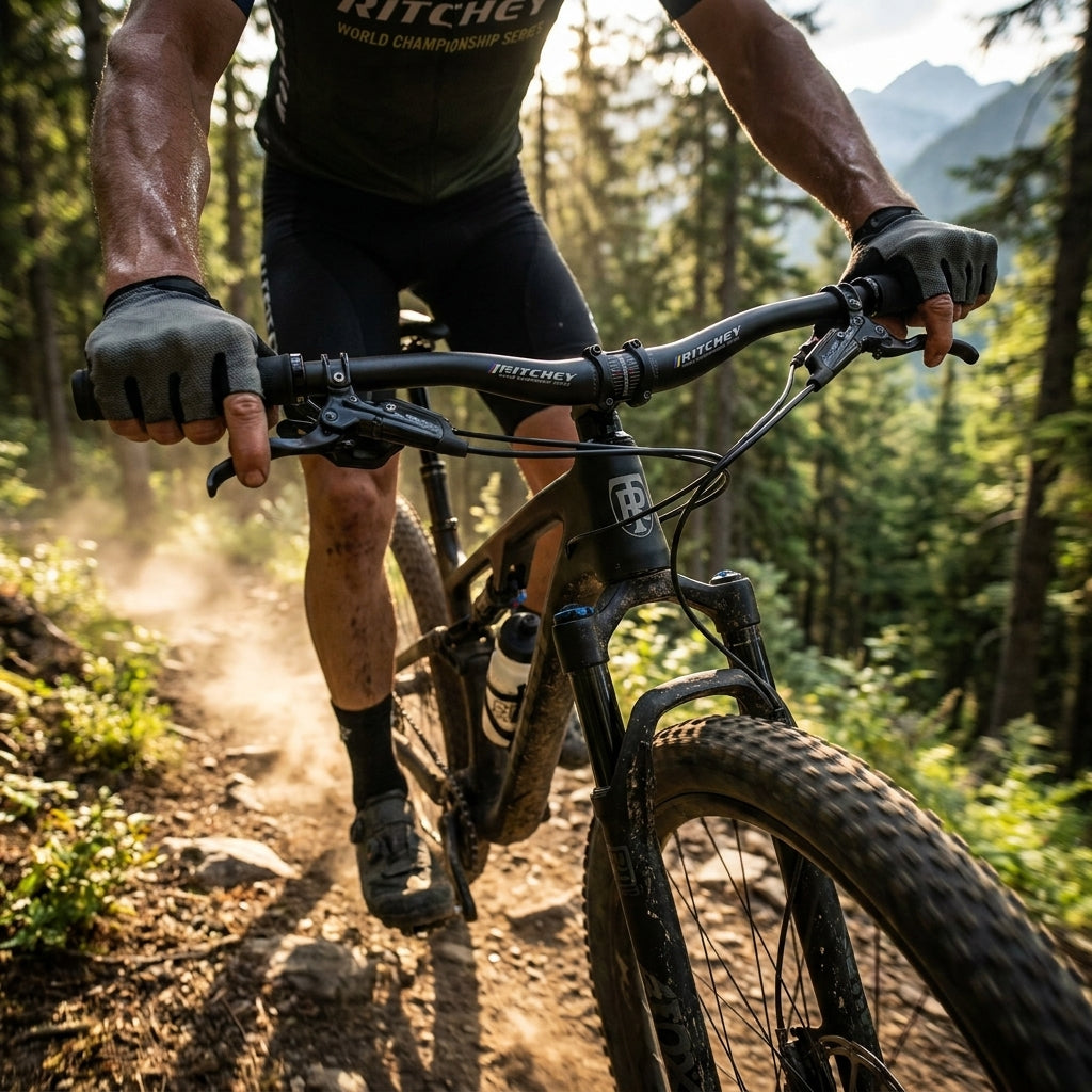 Mountainbiker auf Trail mit Ritchey WCS Rizer Lenker 31.8mm 760x30mm 9°/2° blatte.