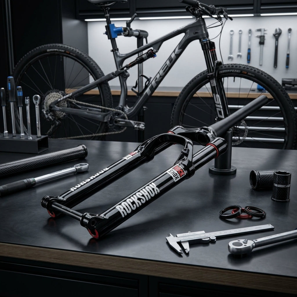 Schwarze RockShox SID Federgabel auf Werkbank, im Hintergrund ein Mountainbike und Werkzeuge.