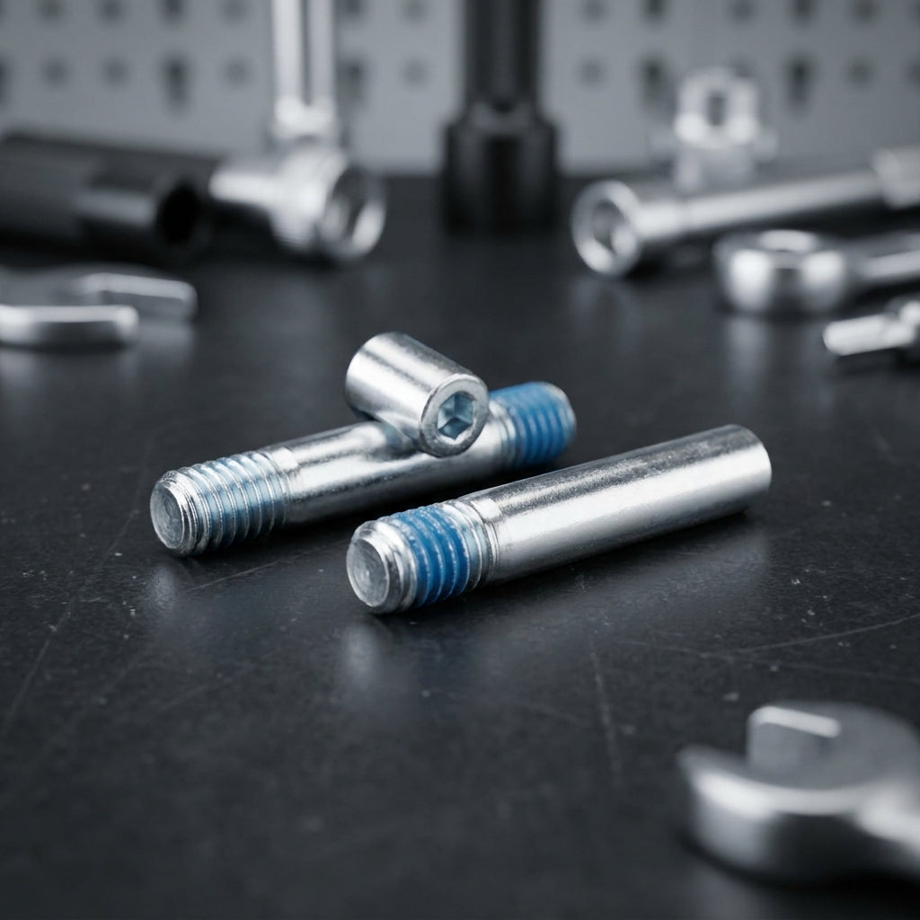 Silberne XLC M4x22mm Befestigungsbolzen (Paar) für Magura Bremsen 2007 mit blauem Gewinde, auf Werkbank.