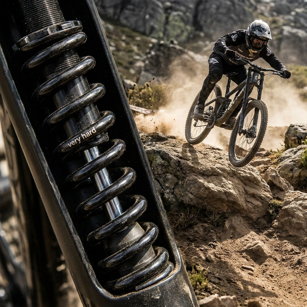 RockShox Feder 10 BOXXER COIL sehr hart schwarz im Detail, während Downhill-Mountainbiker über Felsen springt.