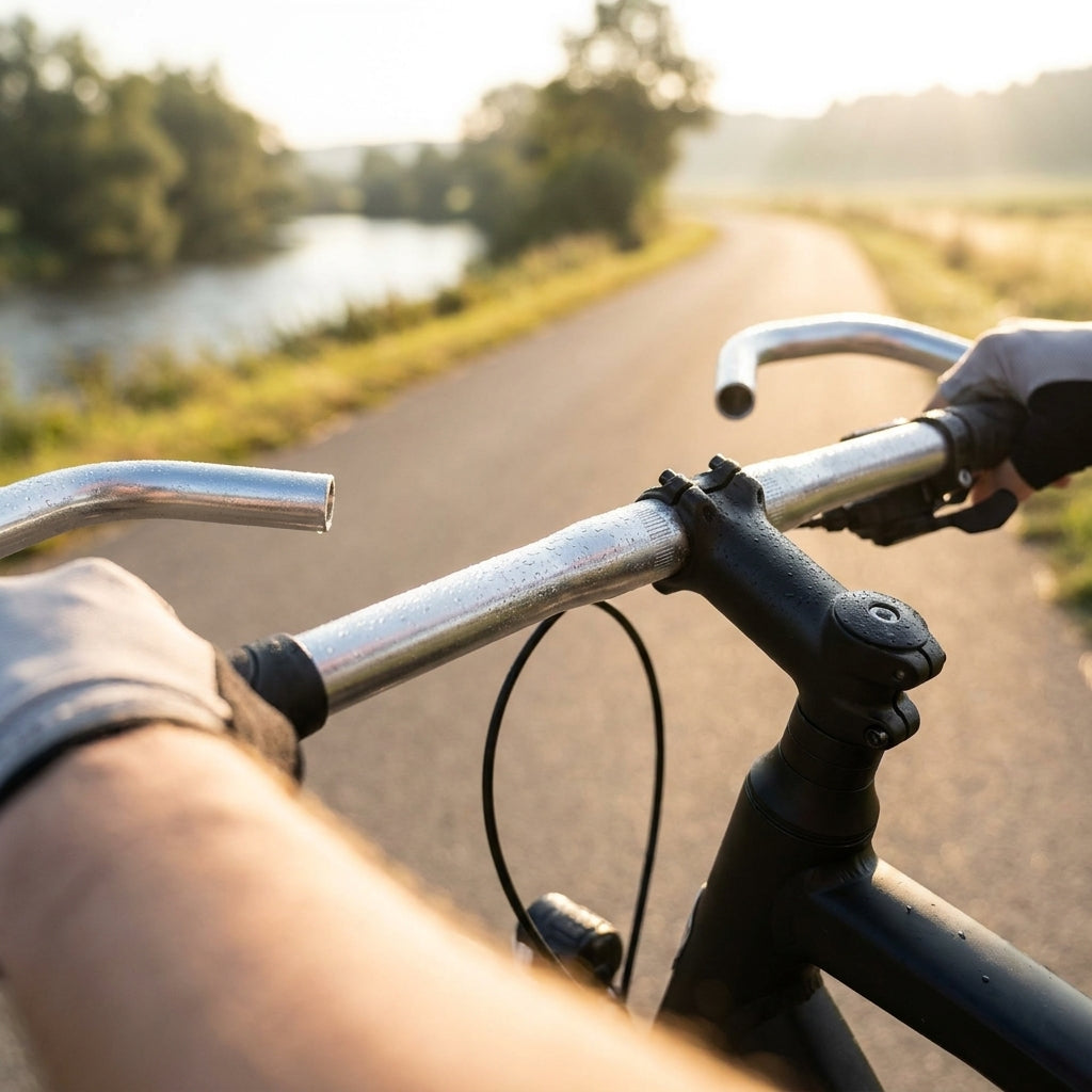 Ergotec Hornbar Comfort Alu Lenker in Silber am Fahrrad auf einem Radweg bei Sonnenaufgang mit Tautropfen.