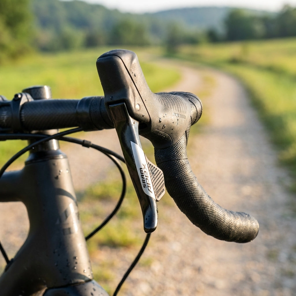 SRAM Apex AXS Schalt-/Bremshebel rechts am Lenker mit Wassertropfen, präzise Kontrolle für moderne Rennräder und Gravelbikes.