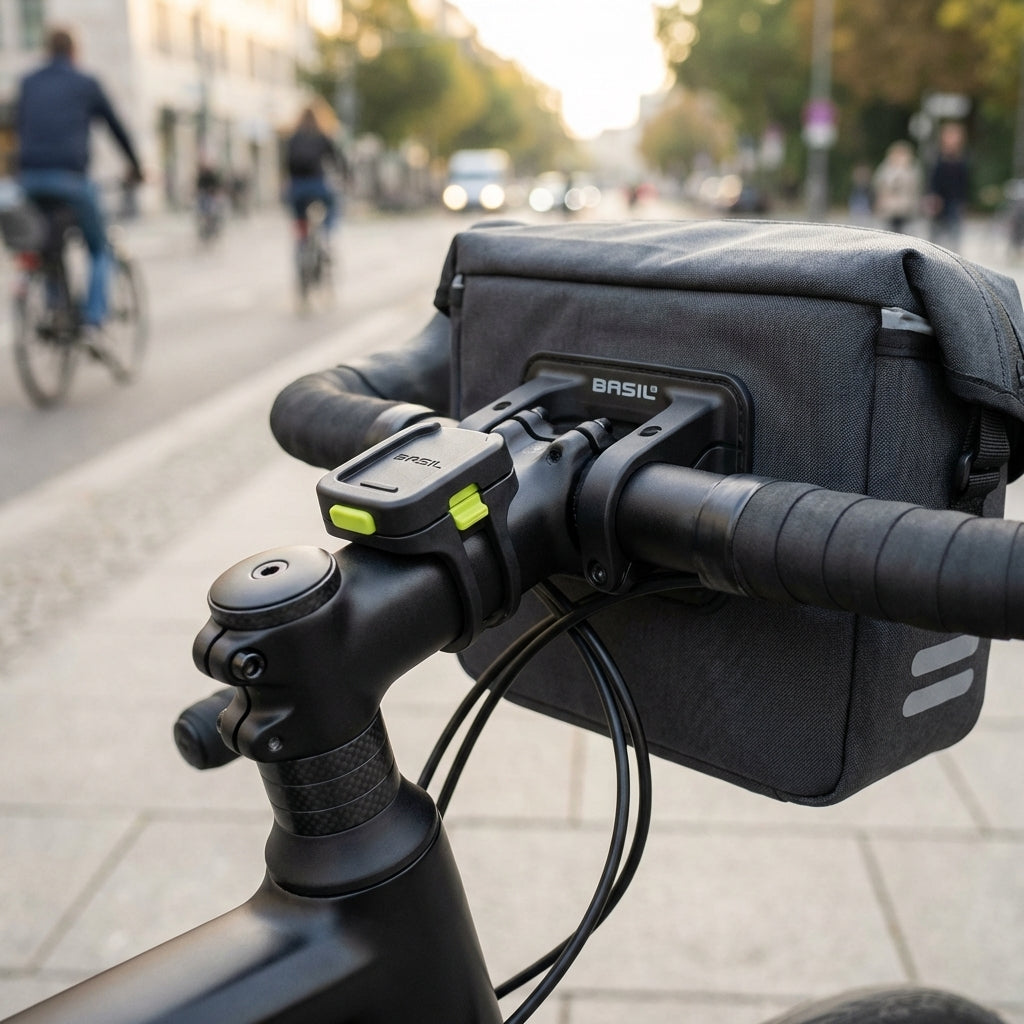 Basil Klickfix Ahead Vorbauhalterung schwarz mit Lenkertasche am Fahrradlenker.