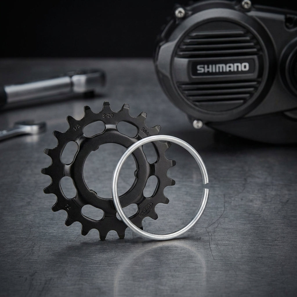 KMC Ritzel 1/8" 20 Zähne für Shimano E-Bike Motor und Sprengring auf Metallgrund.