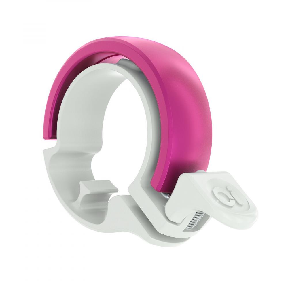 Knog Oi Classic Fahrradklingel groß, weiß-pink, minimalistisches Design für Lenker 23.8-31.8mm.