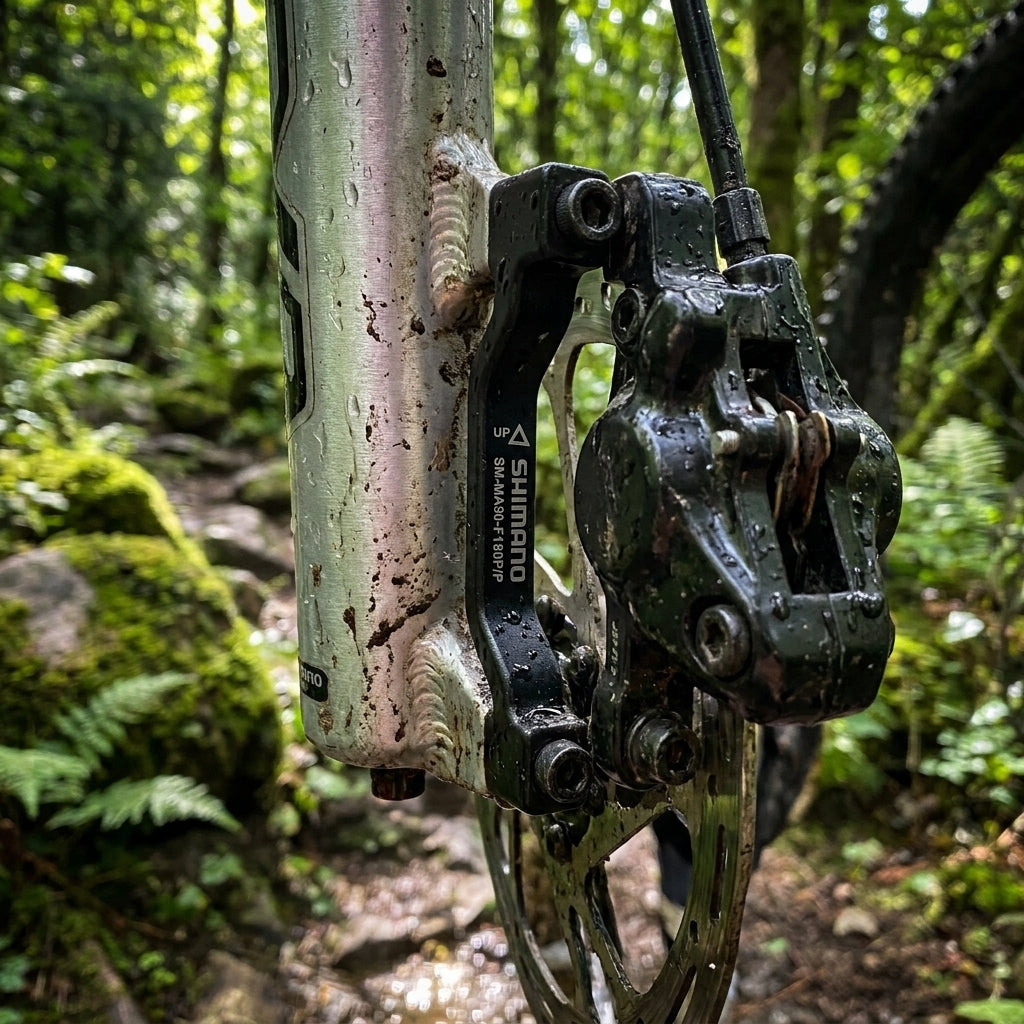 Shimano Scheibenbremsadapter SM-MA90-F180P/P für 180mm Rotor vorne am MTB, nass und schlammig auf dem Trail.