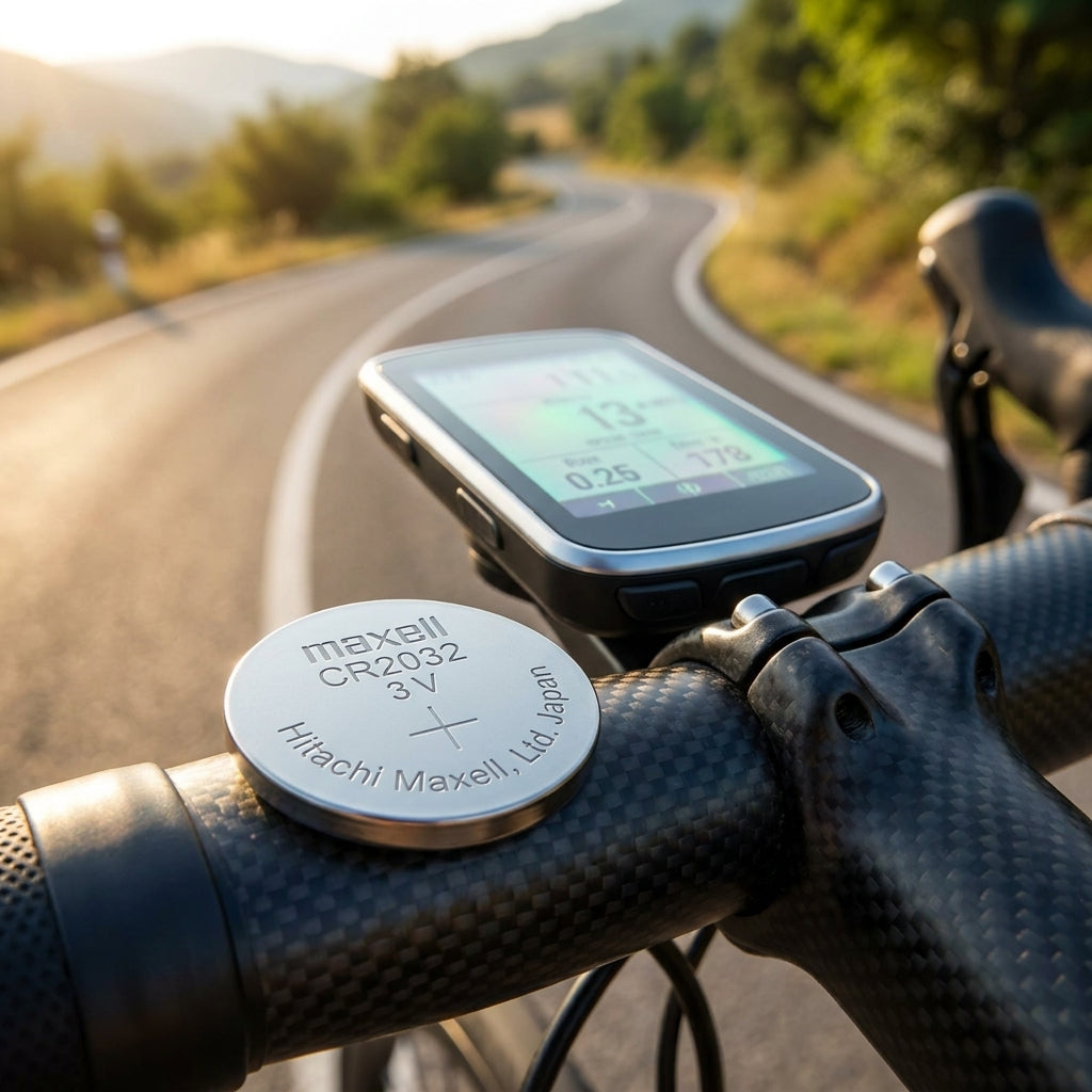 Maxell CR2032 Lithium 3V Batterie auf Carbon-Fahrradlenker mit GPS-Radcomputer im Freien auf einer kurvigen Straße.